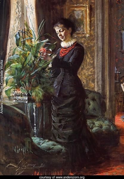 Portrait of Fru Lisen Samson, nee Hirsch, Arranging Flowers at a Window