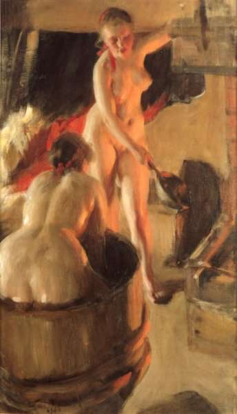 Badande kullor i bastun (Women bathing in the sauna) by Anders Zorn