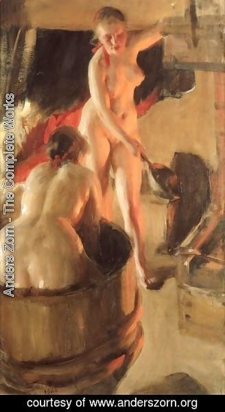 Badande kullor i bastun (Women bathing in the sauna)