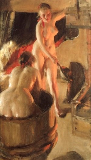 Anders Zorn - Badande kullor i bastun (Women bathing in the sauna)