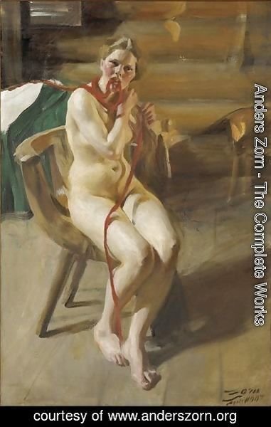 Nude woman arranging her hair